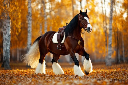 Majestic Clydesdale Horse Gracefully Moving Through a Picturesque Autumn Grove of Colorful Treesの素材