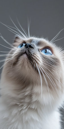 Charming Himalayan Cat with Blue Eyes and Playful Expression, Isolated on Soft Gray Backgroundの素材