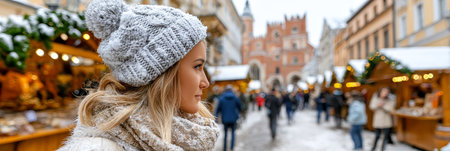 Charming winter market scene during holiday days, tourist girl shopping in Krakow old town, Poland.の素材