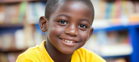 Enthusiastic Youngster Immersed in Captivating Literature in a Library, Radiating Joyful Learningの素材