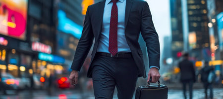 Confident Urban Professional in a Business Suit Commuting Through a Bustling Finance Districtの素材