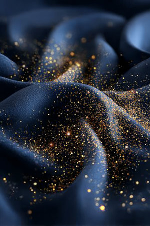 Elegant navy fabric with golden sparkles, capturing sophisticated glamour and luxury texture.の素材