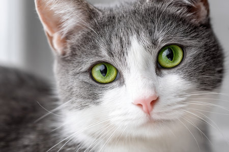 Captivating Gaze of an Australian Mist Cat with Gray Fur and Soulful Green Eyes in Peaceful Poseの素材