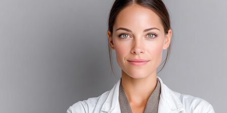 Confident and Attractive Female Healthcare Professional in White Coat with Grey Background at Workの素材