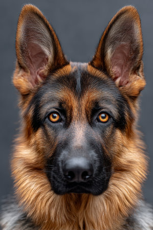 Majestic German Shepherd with Intense Gaze and Alert Ears in Natural Light, Perfect for Pet Loversの素材