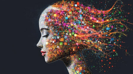 Abstract Modern Profile of Face With Digital Art Expression Using Colorful Mosaic Elements and AIの素材