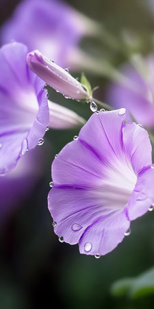 Charming Violet Petals Adorned with Dew in the Early Morning, Capturing Nature s Serene Beautyの素材