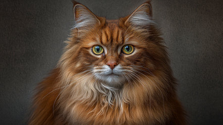 Stunning Portrait of a Somali Cat Showcasing Intense Gaze and Striking Amber Fur on Gray Backgroundの素材