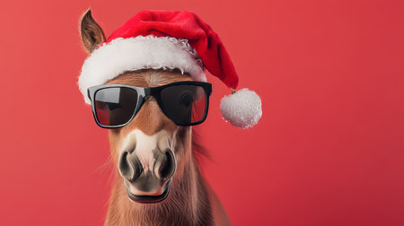 Festive Pony in Santa Hat and Sunglasses Celebrating Christmas with Cheerful Joy and Snowy Funの素材