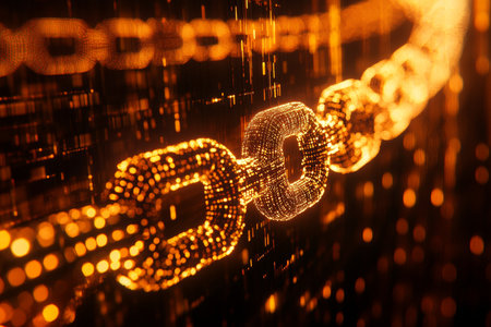 Luminous Golden Blockchain Connections Representing High Security in Finance and Digital Innovationsの素材