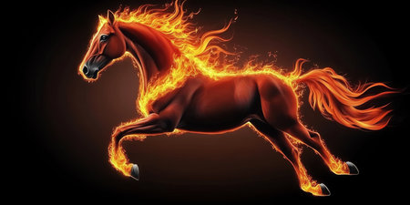 Majestic Fiery Arabian Horse Blazing in Vibrant Reds with Dynamic Mane and Tail in Motion Artの素材
