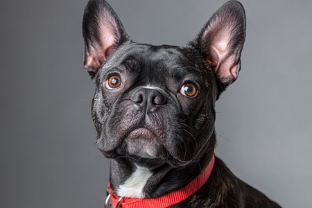 Charming Bulldog Captivates with Its Engaging Gaze and Unique Features on a Gray Backgroundの素材