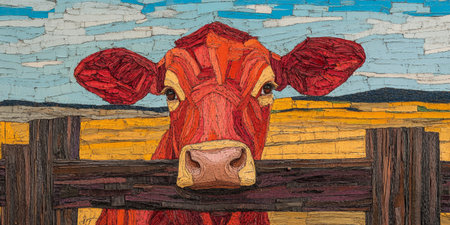 A Vibrant Multi-Colored Cow Curiously Observing Us From an Old Wooden Gate in Summer Fieldsの素材