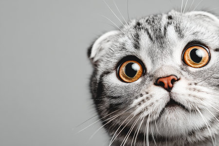 Charming Close-up Portrait of a Scottish Fold Cat with Enchanting Eyes Against a Gray Background.の素材