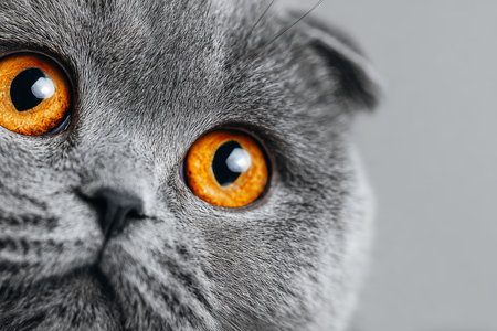 Scottish Fold Cat with Amber Eyes Relaxing Against a Soft Gray Background, Pure Charmの素材