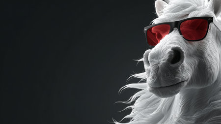 A Surrealist Portrait of a Regal White Horse Sporting Stylish Red Mirrored Sunglasses in Fantasy Artの素材
