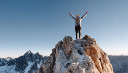 Triumphant Hiker Celebrating Victory with Arms Raised at the Summit of a Majestic Mountain Peakの素材