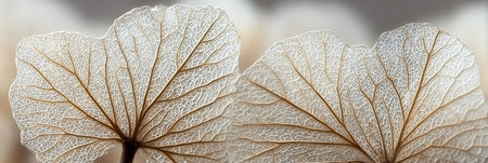 Delicate Hydrangea Skeleton Leaves Showcasing Half Transparent Veins on an Ethereal Beige Backgroundの素材