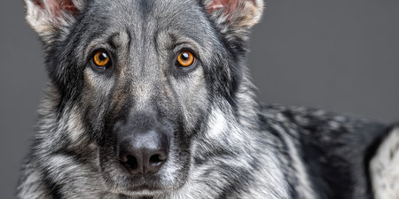 Majestic German Shepherd Close-Up, Showcasing Its Intelligence and Warmth Against a Gray Backgroundの素材