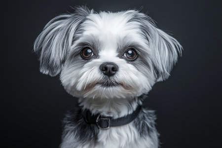 Charming Shih Tzu with Striking Eyes on Soft Gray Background, Captivating Pet Portrait Imageの素材
