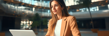 Sophisticated businesswoman with computer in her office, researching financial data online.の素材