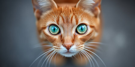 Adorable Close-Up of a Ginger Tabby Cat with Striking Green Eyes Against a Neutral Gray Backgroundの素材