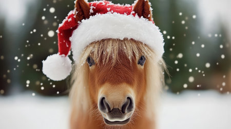Charming Chestnut Foal Wearing a Festive Santa Hat, Radiating Winter Cheer and Christmas Spiritの素材