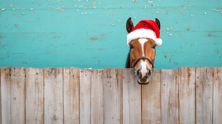 Humorous Chestnut Horse Dressed as Santa Claus Peeking Through Rustic Wooden Snow Backgroundの素材