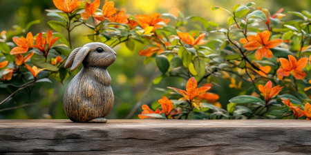 Easter Bunny Statue Surrounded by Colorful Flowers on a Rustic Wood Table with Candy and Chocolateの素材