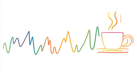 Minimalist Coffee Pulse Vector Art Steaming Cup on Saucer with Modern Colors and Design Elementsの素材