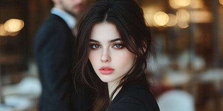 Woman s Conflicted Gaze in Modern Office, Colleague Blurred in Background, Captivating Close-Upの素材