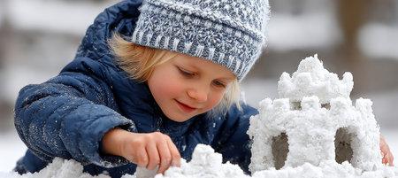 Young Girl Builds a Stunning Snow Castle Masterpiece, Creating a Winter Wonderland of Imaginationの素材