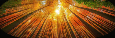 Breathtaking Aerial View of a Vibrant Autumn Forest Canopy with Colorful Leaves and Blue Skyの素材