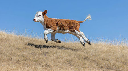 Joyful Calf Jumping Across a Grassy Hillock Under a Bright Blue Sky, Embracing Nature s Beautyの素材