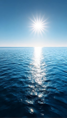 Vibrant Deep Blue Ocean with Sunlight Glimmering on Calm Water, Sparkling Reflection and Serenityの素材