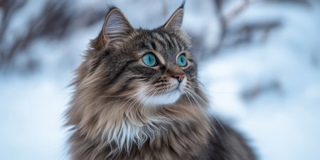 Elegant Norwegian Forest Cat with Striking Blue Eyes and Fluffy Fur in a Beautiful Winter Sceneの素材