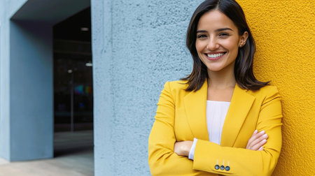 Confident Young Businesswoman Embracing Professionalism and Latin Elegance in a Colorful Settingの素材