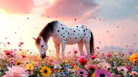 Elegant Appaloosa Horse Grazing in a Vibrant Meadow During a Breathtaking Sunset Viewの素材