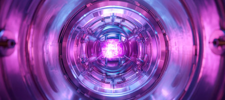 Cylindrical tokamak fusion device in a modern experimental plasma research laboratory setting.の素材