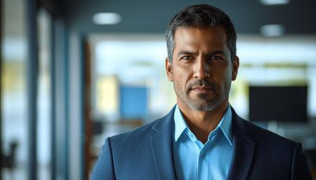 Confident Middle-Aged Businessman Making Eye Contact in Workplace, Exuding Leadership and Successの素材