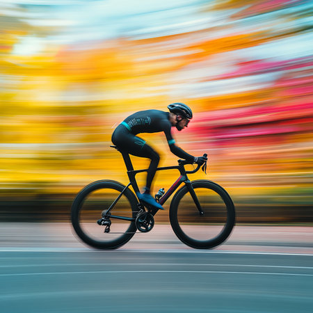 Dynamic Cyclist Racing at Maximum Speed on a Road Bike, Capturing the Thrill of the Sportの素材