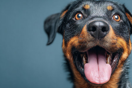Charming Full-Front Portrait of a Playful Rottweiler with an Expressive Gaze on a Soft Backgroundの素材