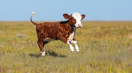 Joyful Hereford Calf Leaping Playfully in a Sunny Meadow Surrounded by Lush Green Grass and Flowersの素材