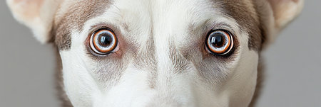 Stunning Portrait of a Siberian Husky with Striking Blue Eyes Against a Soft Grey Studio Backgroundの素材