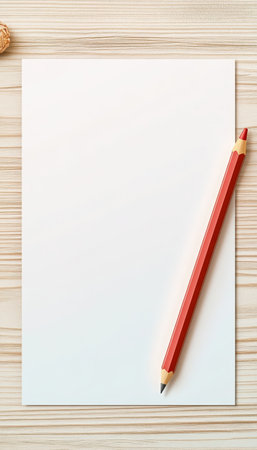 Minimalist Workspace Scene with White Paper, Red Pencil, and Geometric Patterns for Design Projectsの素材