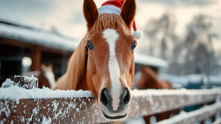 Charming Winter Scene of Chestnut Horses in Festive Hats Peering Over Fences in a Snowy Landscapeの素材