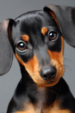 Charming Close-Up of a Playful Dachshund with Expressive Eyes on a Soft, Clean Backgroundの素材