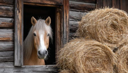 Graceful Haflinger Horse Poses Next to Rustic Barn Surrounded by Lush Green Hay in Golden Lightの素材
