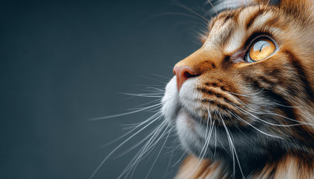 Close-up portrait of a majestic Maine Coon cat with an expressive gaze on a sleek gray backdrop.の素材