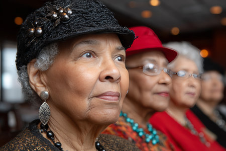 A Group of Elegant African American Women Wearing Beautiful Hats Celebrating Heritage at an Eventの素材